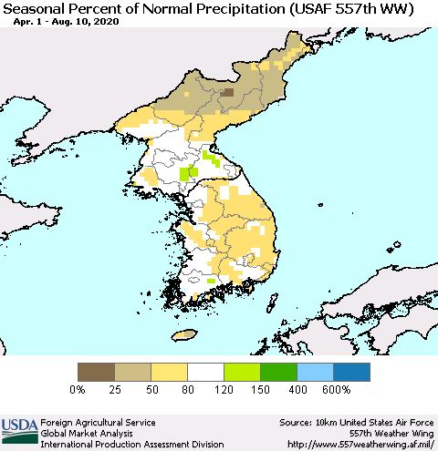 Korea Seasonal Percent of Normal Precipitation (USAF 557th WW) Thematic Map For 4/1/2020 - 8/10/2020