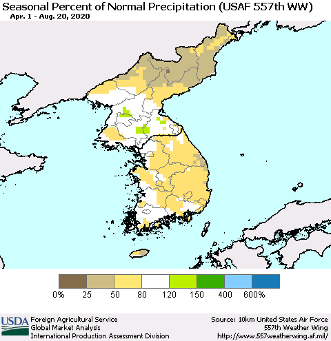 Korea Seasonal Percent of Normal Precipitation (USAF 557th WW) Thematic Map For 4/1/2020 - 8/20/2020