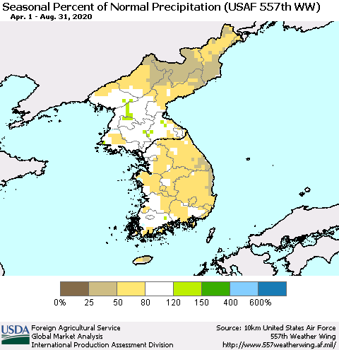 Korea Seasonal Percent of Normal Precipitation (USAF 557th WW) Thematic Map For 4/1/2020 - 8/31/2020