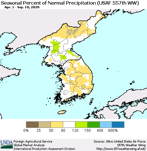 Korea Seasonal Percent of Normal Precipitation (USAF 557th WW) Thematic Map For 4/1/2020 - 9/10/2020