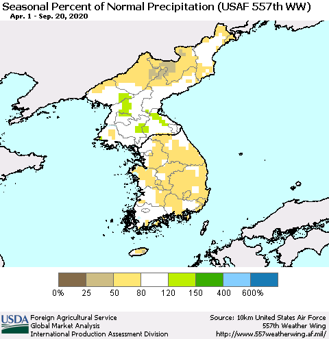 Korea Seasonal Percent of Normal Precipitation (USAF 557th WW) Thematic Map For 4/1/2020 - 9/20/2020