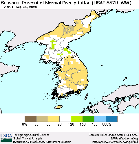 Korea Seasonal Percent of Normal Precipitation (USAF 557th WW) Thematic Map For 4/1/2020 - 9/30/2020