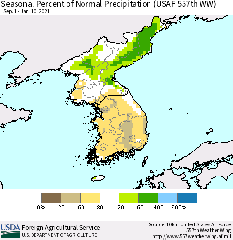 Korea Seasonal Percent of Normal Precipitation (USAF 557th WW) Thematic Map For 9/1/2020 - 1/10/2021