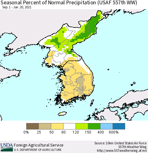 Korea Seasonal Percent of Normal Precipitation (USAF 557th WW) Thematic Map For 9/1/2020 - 1/20/2021