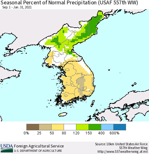 Korea Seasonal Percent of Normal Precipitation (USAF 557th WW) Thematic Map For 9/1/2020 - 1/31/2021