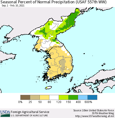 Korea Seasonal Percent of Normal Precipitation (USAF 557th WW) Thematic Map For 9/1/2020 - 2/10/2021
