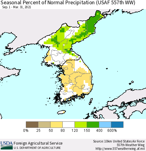 Korea Seasonal Percent of Normal Precipitation (USAF 557th WW) Thematic Map For 9/1/2020 - 3/31/2021