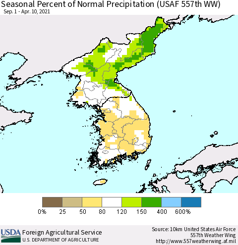 Korea Seasonal Percent of Normal Precipitation (USAF 557th WW) Thematic Map For 9/1/2020 - 4/10/2021