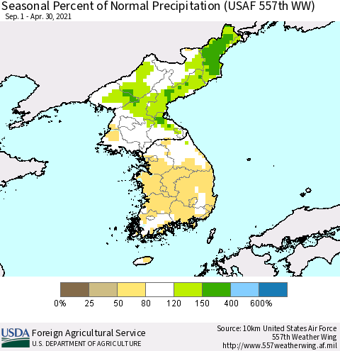 Korea Seasonal Percent of Normal Precipitation (USAF 557th WW) Thematic Map For 9/1/2020 - 4/30/2021