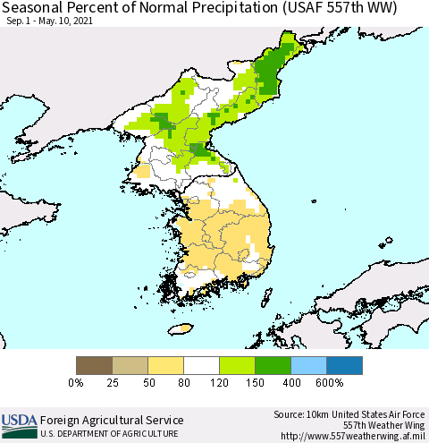 Korea Seasonal Percent of Normal Precipitation (USAF 557th WW) Thematic Map For 9/1/2020 - 5/10/2021