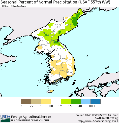 Korea Seasonal Percent of Normal Precipitation (USAF 557th WW) Thematic Map For 9/1/2020 - 5/20/2021