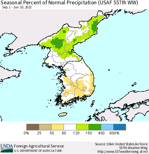Korea Seasonal Percent of Normal Precipitation (USAF 557th WW) Thematic Map For 9/1/2020 - 6/10/2021