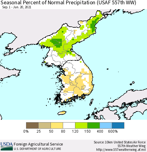 Korea Seasonal Percent of Normal Precipitation (USAF 557th WW) Thematic Map For 9/1/2020 - 6/20/2021