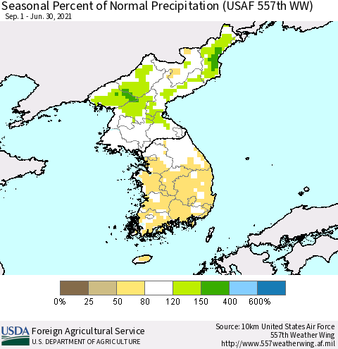 Korea Seasonal Percent of Normal Precipitation (USAF 557th WW) Thematic Map For 9/1/2020 - 6/30/2021
