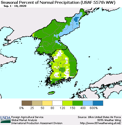 Korea Seasonal Percent of Normal Precipitation (USAF 557th WW) Thematic Map For 9/1/2020 - 9/10/2020