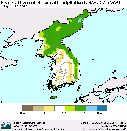 Korea Seasonal Percent of Normal Precipitation (USAF 557th WW) Thematic Map For 9/1/2020 - 9/20/2020