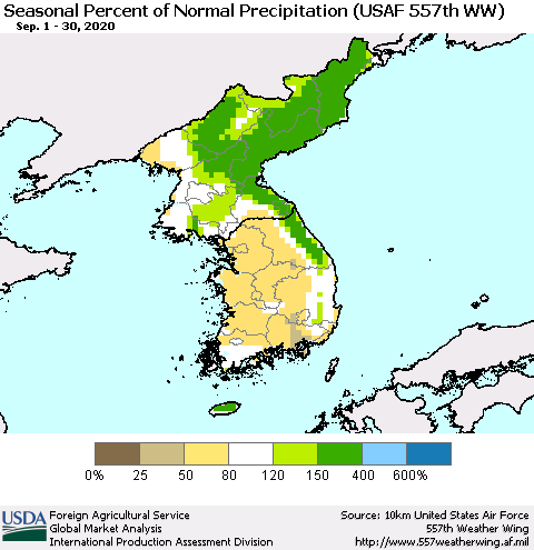 Korea Seasonal Percent of Normal Precipitation (USAF 557th WW) Thematic Map For 9/1/2020 - 9/30/2020