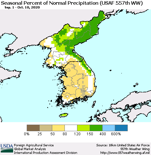 Korea Seasonal Percent of Normal Precipitation (USAF 557th WW) Thematic Map For 9/1/2020 - 10/10/2020
