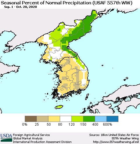 Korea Seasonal Percent of Normal Precipitation (USAF 557th WW) Thematic Map For 9/1/2020 - 10/20/2020
