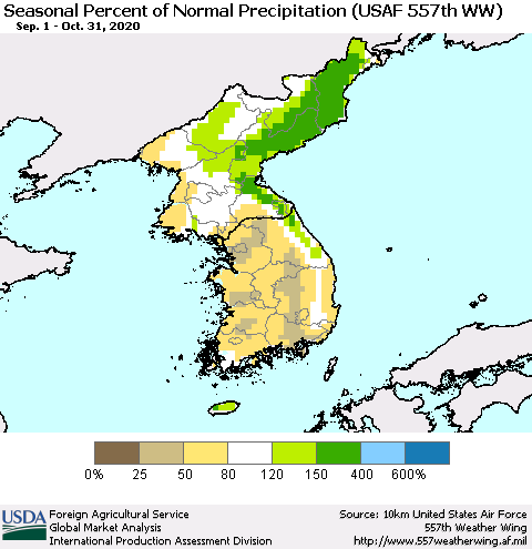 Korea Seasonal Percent of Normal Precipitation (USAF 557th WW) Thematic Map For 9/1/2020 - 10/31/2020