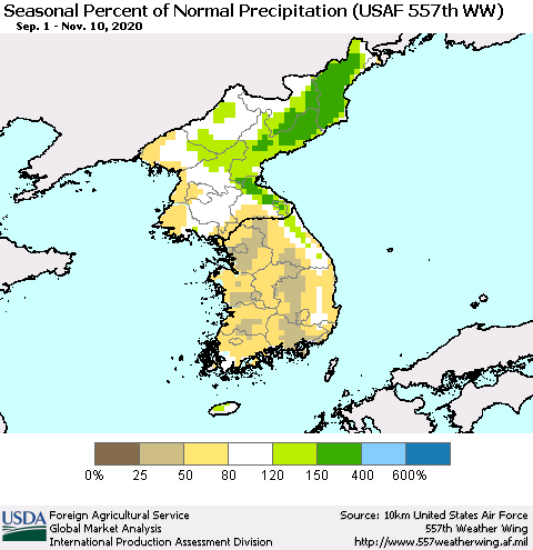 Korea Seasonal Percent of Normal Precipitation (USAF 557th WW) Thematic Map For 9/1/2020 - 11/10/2020