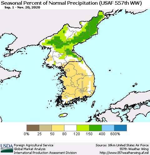 Korea Seasonal Percent of Normal Precipitation (USAF 557th WW) Thematic Map For 9/1/2020 - 11/20/2020