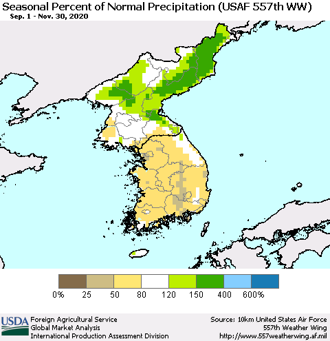Korea Seasonal Percent of Normal Precipitation (USAF 557th WW) Thematic Map For 9/1/2020 - 11/30/2020