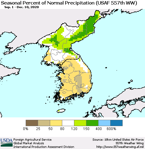 Korea Seasonal Percent of Normal Precipitation (USAF 557th WW) Thematic Map For 9/1/2020 - 12/10/2020