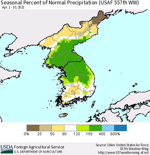 Korea Seasonal Percent of Normal Precipitation (USAF 557th WW) Thematic Map For 4/1/2021 - 4/10/2021