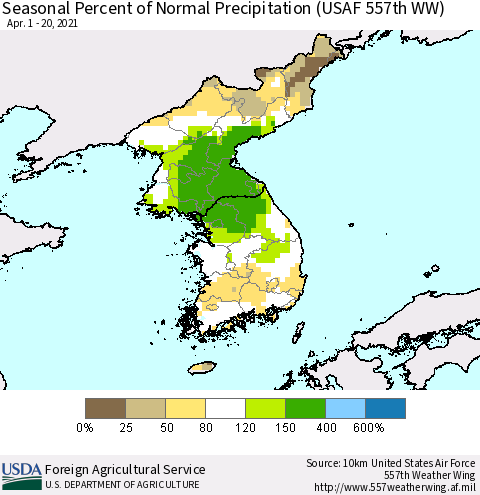 Korea Seasonal Percent of Normal Precipitation (USAF 557th WW) Thematic Map For 4/1/2021 - 4/20/2021