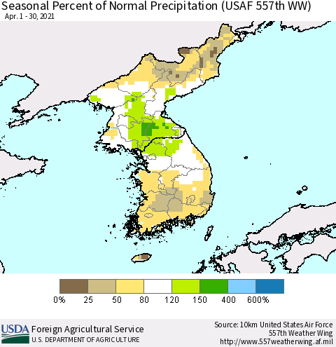 Korea Seasonal Percent of Normal Precipitation (USAF 557th WW) Thematic Map For 4/1/2021 - 4/30/2021