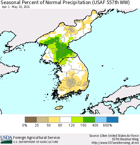Korea Seasonal Percent of Normal Precipitation (USAF 557th WW) Thematic Map For 4/1/2021 - 5/10/2021
