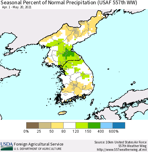 Korea Seasonal Percent of Normal Precipitation (USAF 557th WW) Thematic Map For 4/1/2021 - 5/20/2021
