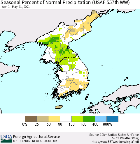 Korea Seasonal Percent of Normal Precipitation (USAF 557th WW) Thematic Map For 4/1/2021 - 5/31/2021