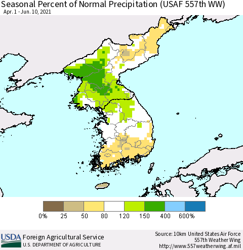 Korea Seasonal Percent of Normal Precipitation (USAF 557th WW) Thematic Map For 4/1/2021 - 6/10/2021