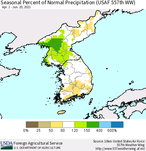 Korea Seasonal Percent of Normal Precipitation (USAF 557th WW) Thematic Map For 4/1/2021 - 6/20/2021