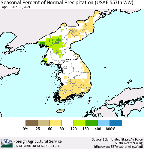 Korea Seasonal Percent of Normal Precipitation (USAF 557th WW) Thematic Map For 4/1/2021 - 6/30/2021