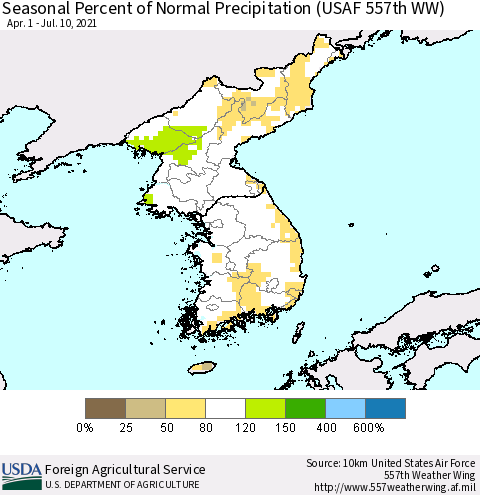 Korea Seasonal Percent of Normal Precipitation (USAF 557th WW) Thematic Map For 4/1/2021 - 7/10/2021