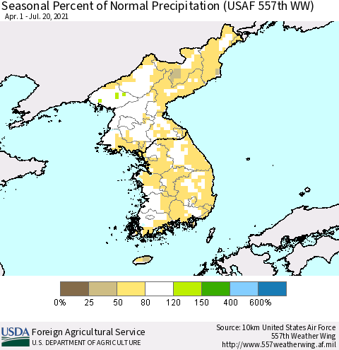 Korea Seasonal Percent of Normal Precipitation (USAF 557th WW) Thematic Map For 4/1/2021 - 7/20/2021