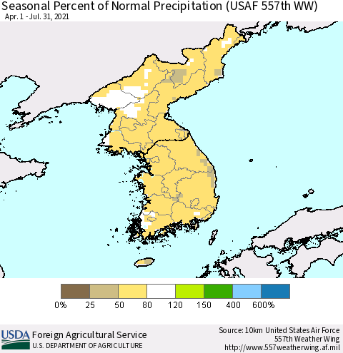 Korea Seasonal Percent of Normal Precipitation (USAF 557th WW) Thematic Map For 4/1/2021 - 7/31/2021