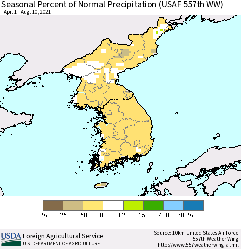 Korea Seasonal Percent of Normal Precipitation (USAF 557th WW) Thematic Map For 4/1/2021 - 8/10/2021