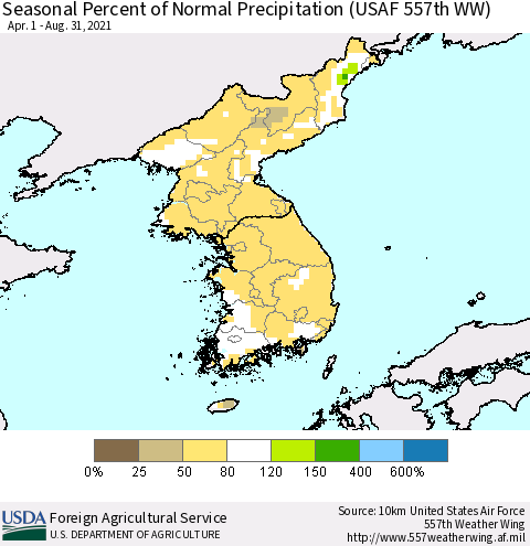 Korea Seasonal Percent of Normal Precipitation (USAF 557th WW) Thematic Map For 4/1/2021 - 8/31/2021