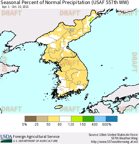 Korea Seasonal Percent of Normal Precipitation (USAF 557th WW) Thematic Map For 4/1/2021 - 10/10/2021