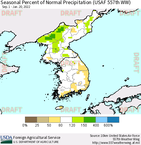 Korea Seasonal Percent of Normal Precipitation (USAF 557th WW) Thematic Map For 9/1/2021 - 1/20/2022