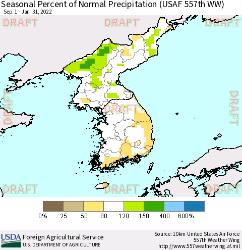 Korea Seasonal Percent of Normal Precipitation (USAF 557th WW) Thematic Map For 9/1/2021 - 1/31/2022