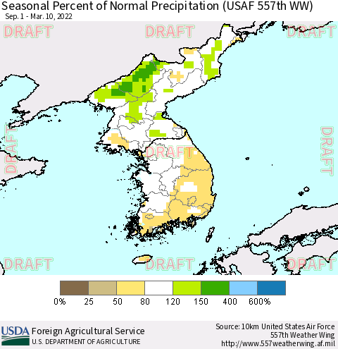 Korea Seasonal Percent of Normal Precipitation (USAF 557th WW) Thematic Map For 9/1/2021 - 3/10/2022