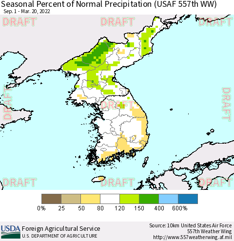 Korea Seasonal Percent of Normal Precipitation (USAF 557th WW) Thematic Map For 9/1/2021 - 3/20/2022
