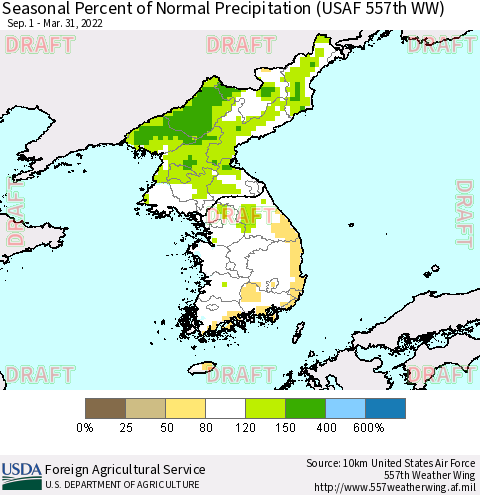 Korea Seasonal Percent of Normal Precipitation (USAF 557th WW) Thematic Map For 9/1/2021 - 3/31/2022