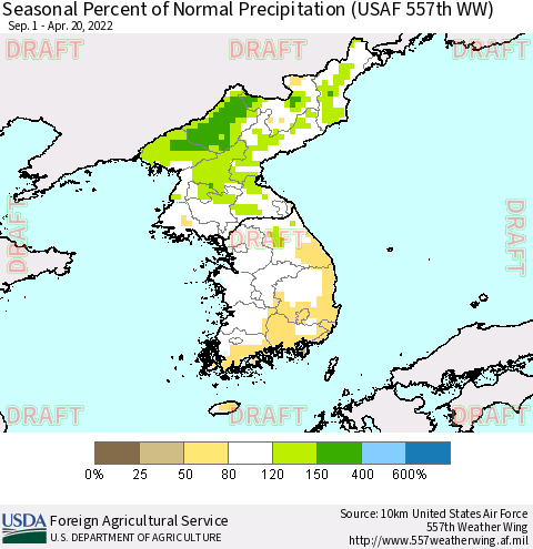 Korea Seasonal Percent of Normal Precipitation (USAF 557th WW) Thematic Map For 9/1/2021 - 4/20/2022