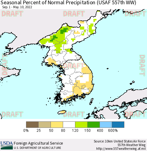 Korea Seasonal Percent of Normal Precipitation (USAF 557th WW) Thematic Map For 9/1/2021 - 5/10/2022